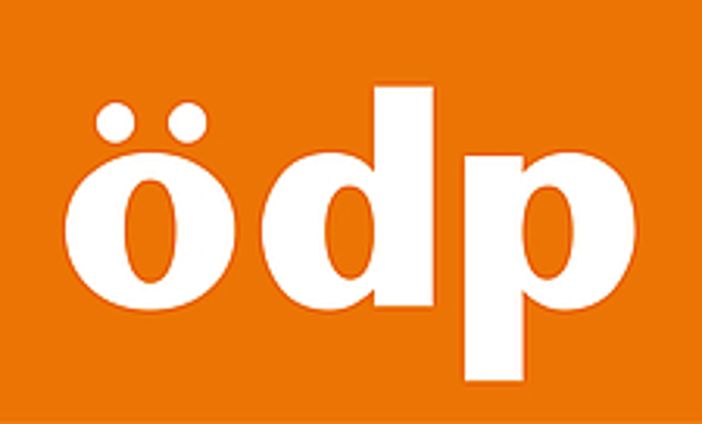 Logo der ÖDP weiße Schrift auf orangem Untergrund